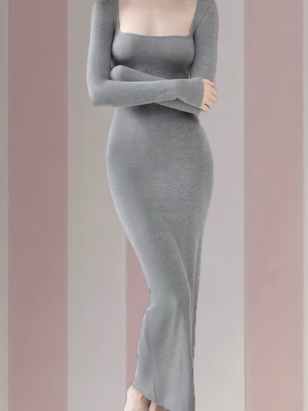 PUMIEY Women's Square Neck Long Sleeve Maxi Dress Ribbed Bodycon Dress
